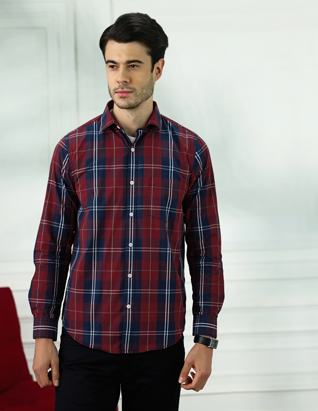 Brick Red Grid Cotton Check Shirt